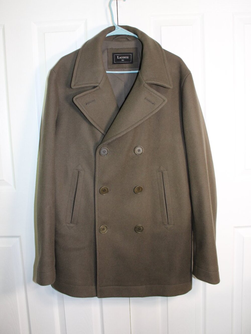 Lacoste Mens Wool Blend Double Breasted Pea Coat